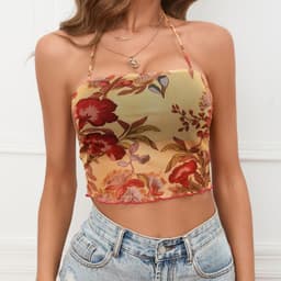 image-Women's Flower Printed Halter Mesh Camisole