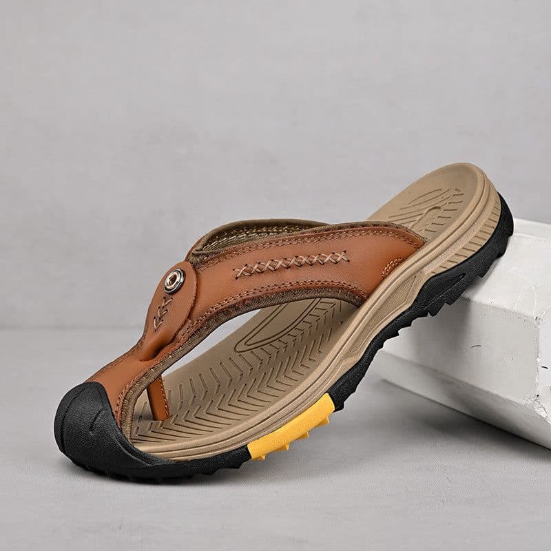 image-Men's Baotou Flip Flops - Light Brown, Size 46, Beach Sandals