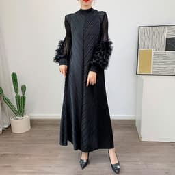 image-Royal Blue Pleated Long Dress - Polyester Loose Fit