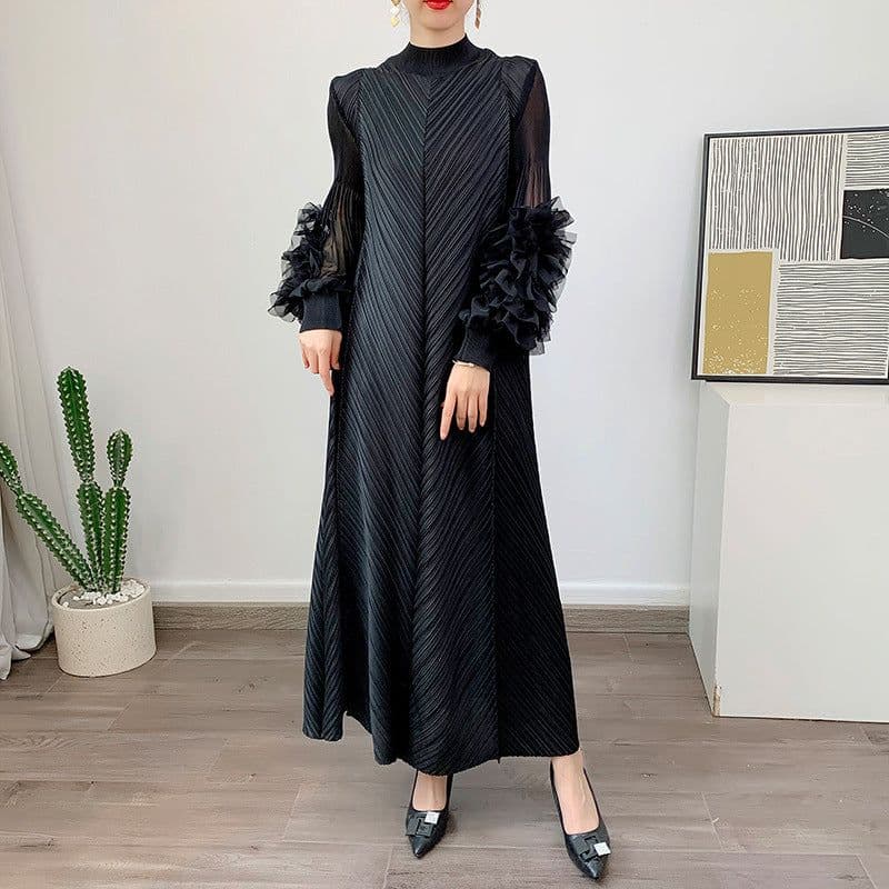 image-Royal Blue Pleated Long Dress - Polyester Loose Fit