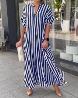 image-Striped Cardigan Dress - Blue V-Neck Long Sleeve