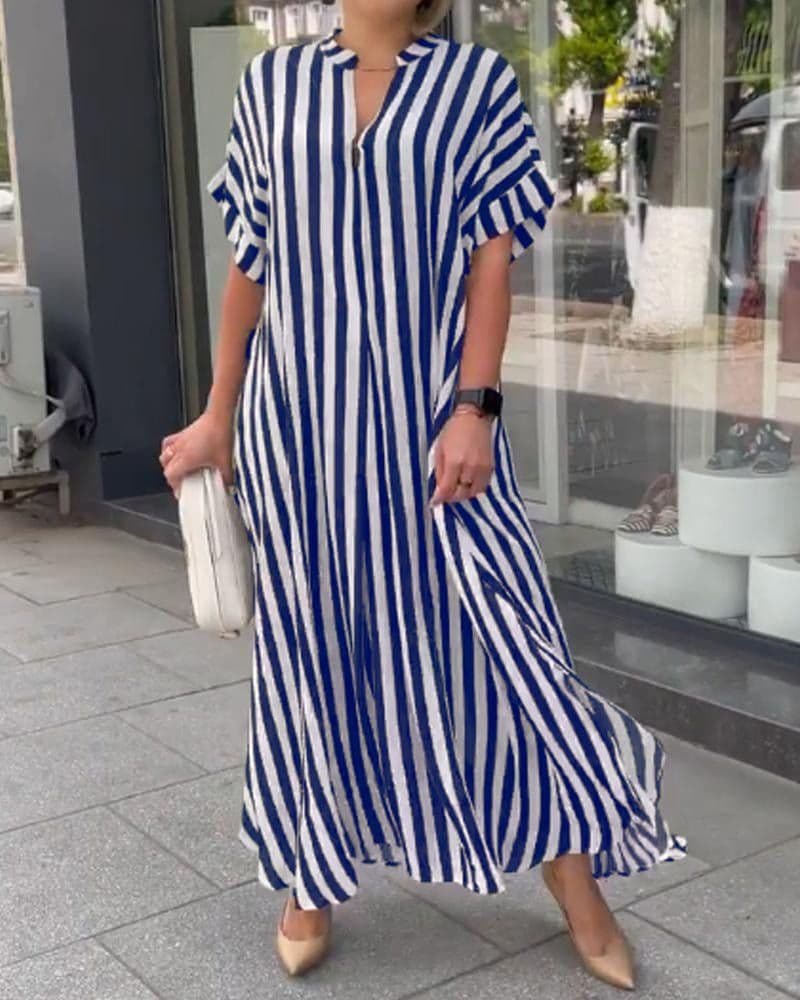 image-Striped Cardigan Dress - Blue V-Neck Long Sleeve