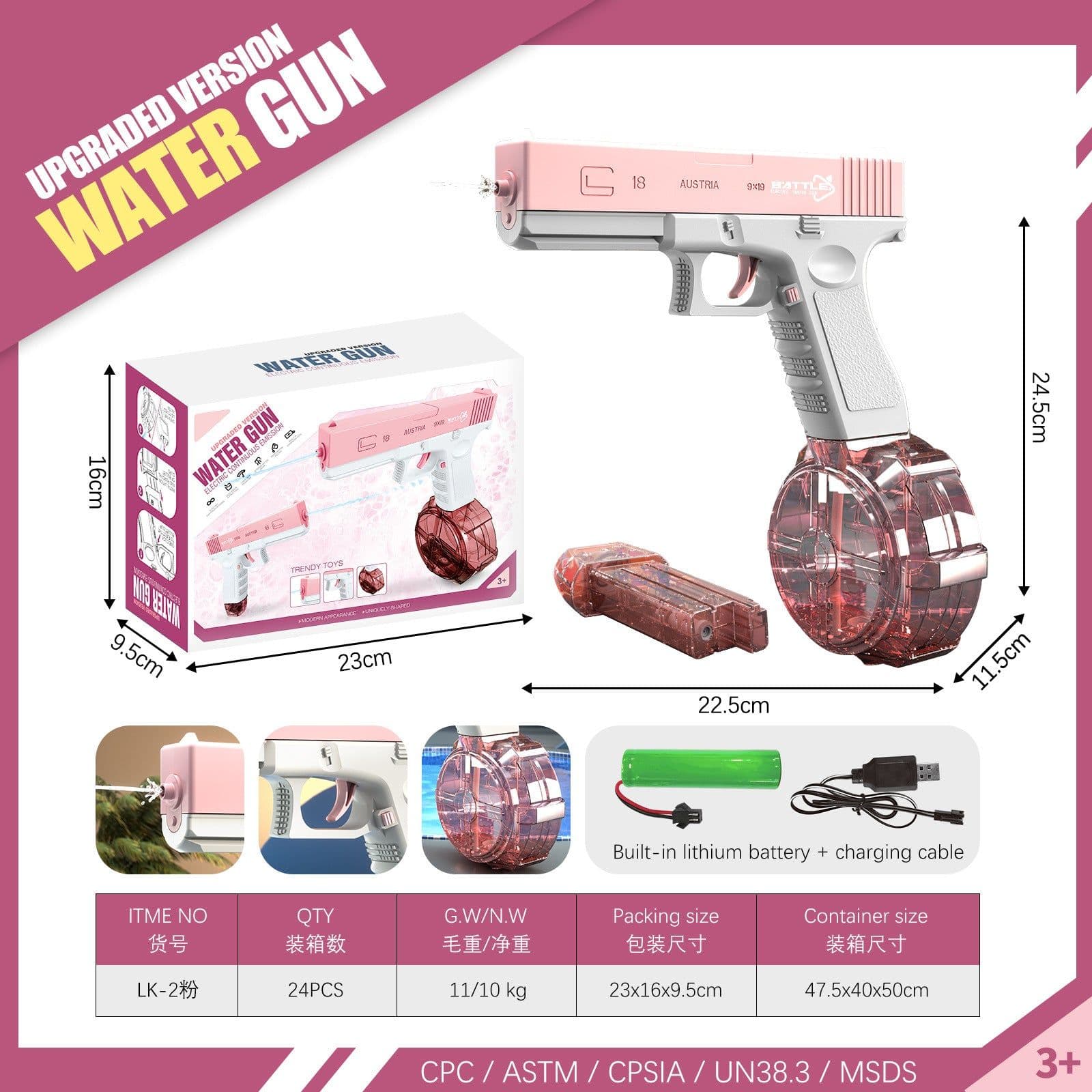 image-Electric Water Gun Toy for Kids - Pink Glock Style