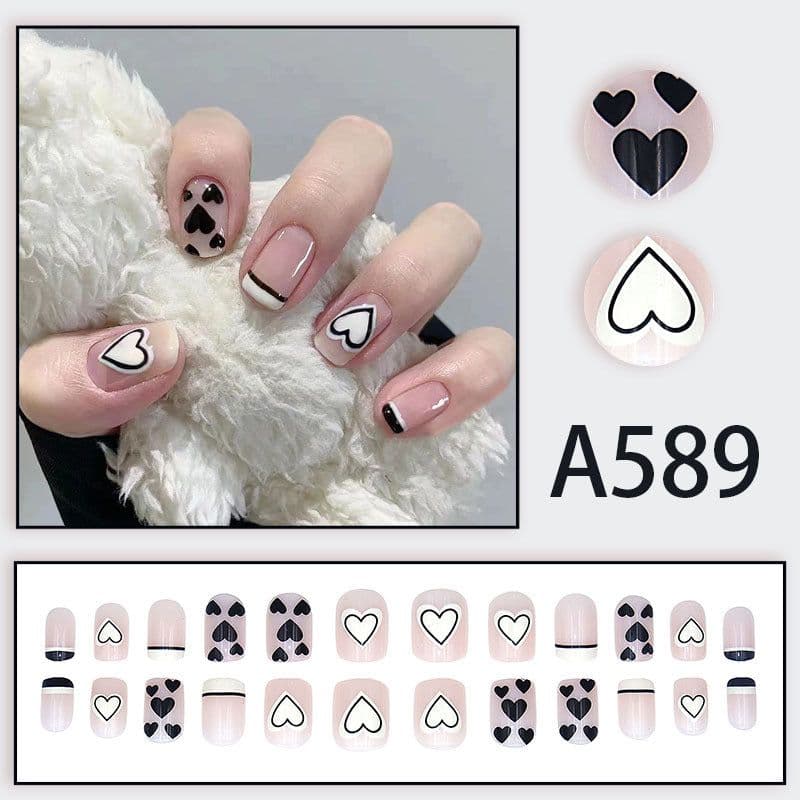 image-Winter fresh and simple pure lust style bride dance wear nails rainbow love rose fake nails wholesale