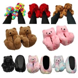 image-Cartoon Bear Plush Slippers - Large, South Korean Velvet, Dark Teddy Bear Shoes