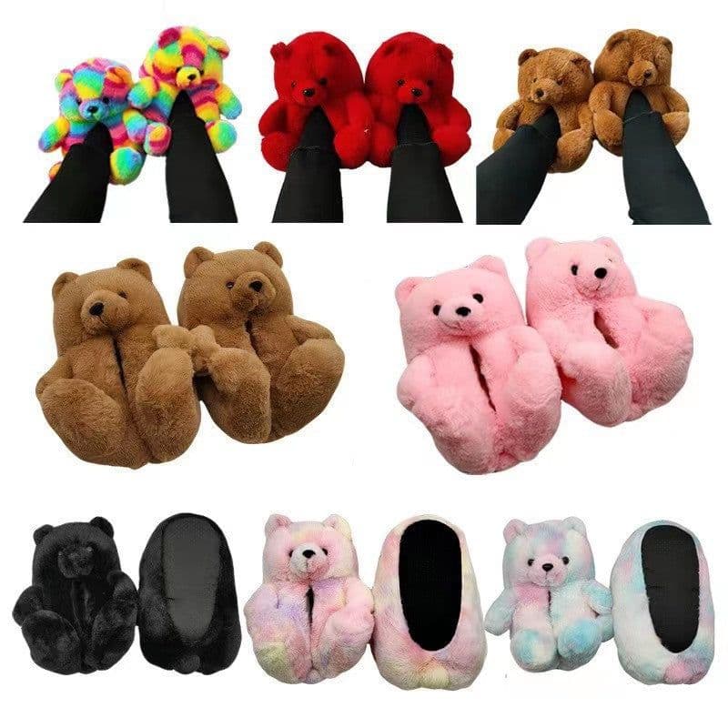 image-Cartoon Bear Plush Slippers - Large, South Korean Velvet, Dark Teddy Bear Shoes