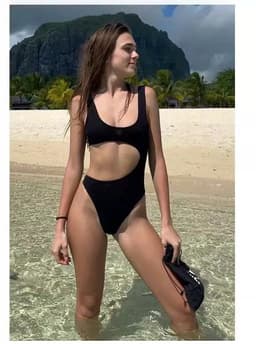 image-Women's One-Piece Swimsuit - Black Polyester Solid