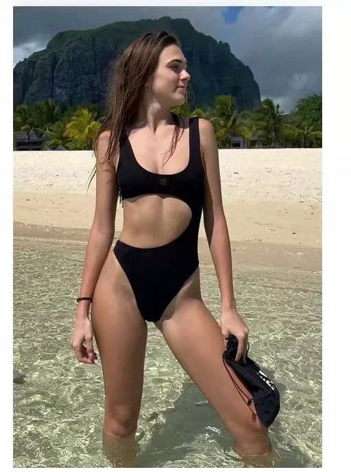 image-Women's One-Piece Swimsuit - Black Polyester Solid
