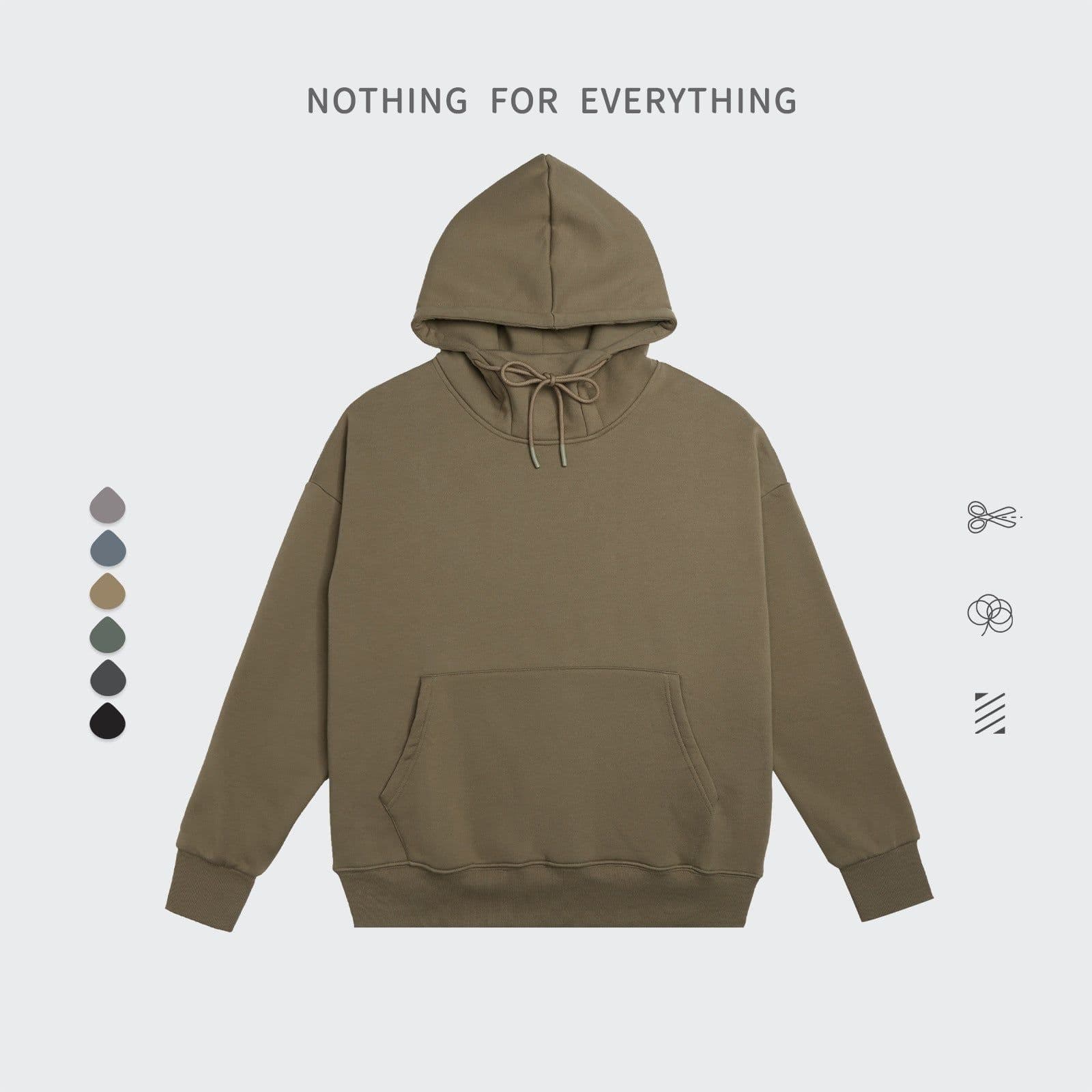 image-Khaki Velvet Hooded Sweater For Men Loose Fit Stand Collar Patch Pocket XL