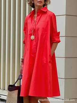 image-White Polyester Shirt Dress For Women Long Sleeve Loose Fit