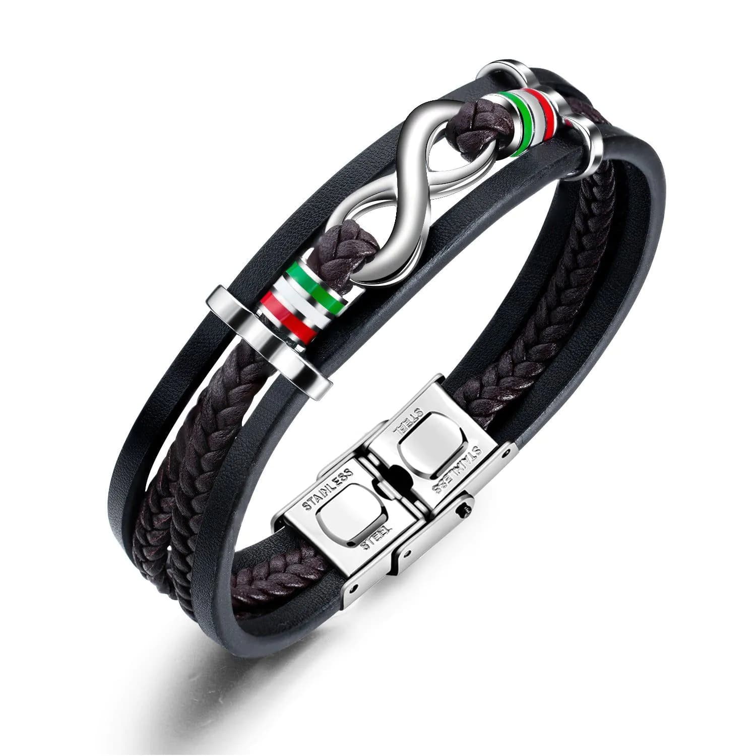 image-Retro Men's Leather Bracelet 8-Charm Vintage Alloy Style - Black