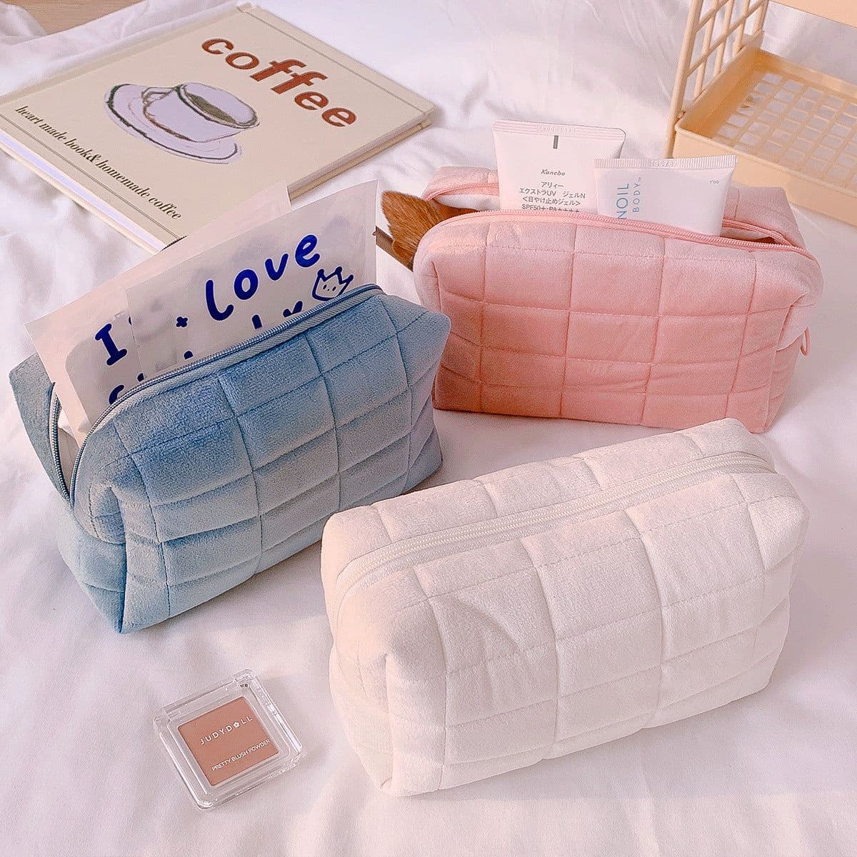 image-Sichen Cosmetic Pillow Bag - Cream White, Large, Soft & Anti-odor