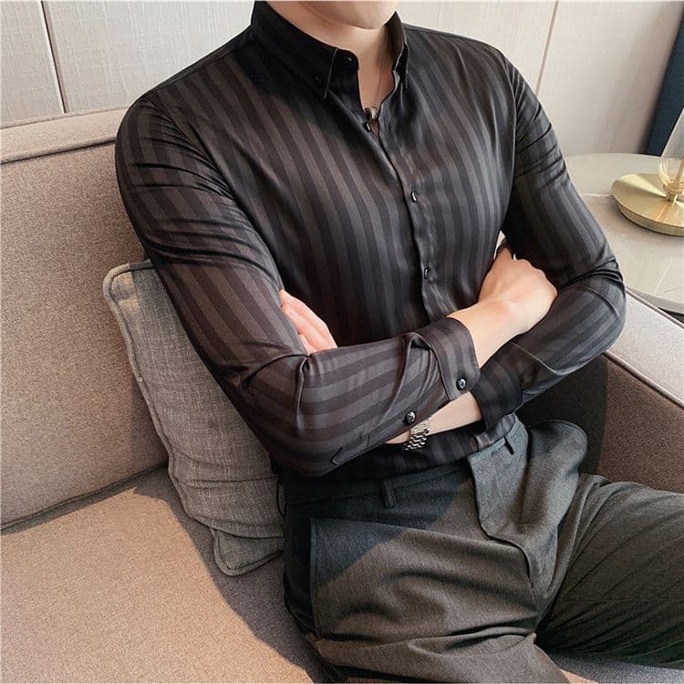 image-Long-sleeved striped shirt for men, business casual, iron-free work clothes, classic coarse-grained shirt, men's trendy light luxury texture