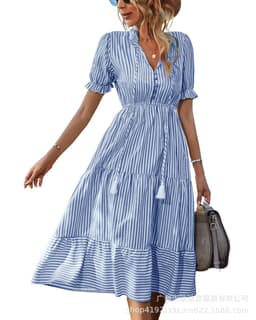 image-European & American Summer Stripe Dress - Khaki V-Neck XL