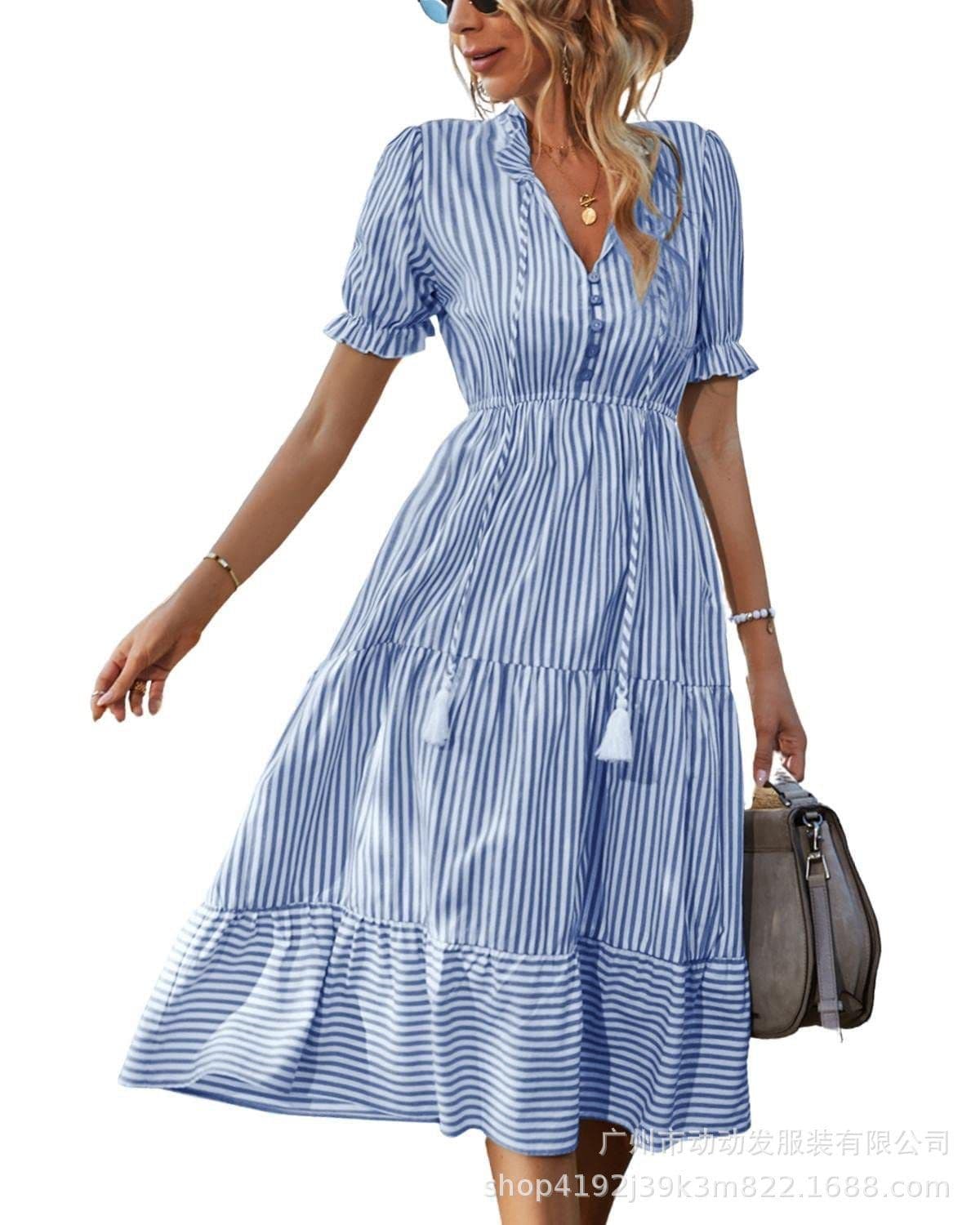 image-European & American Summer Stripe Dress - Khaki V-Neck XL