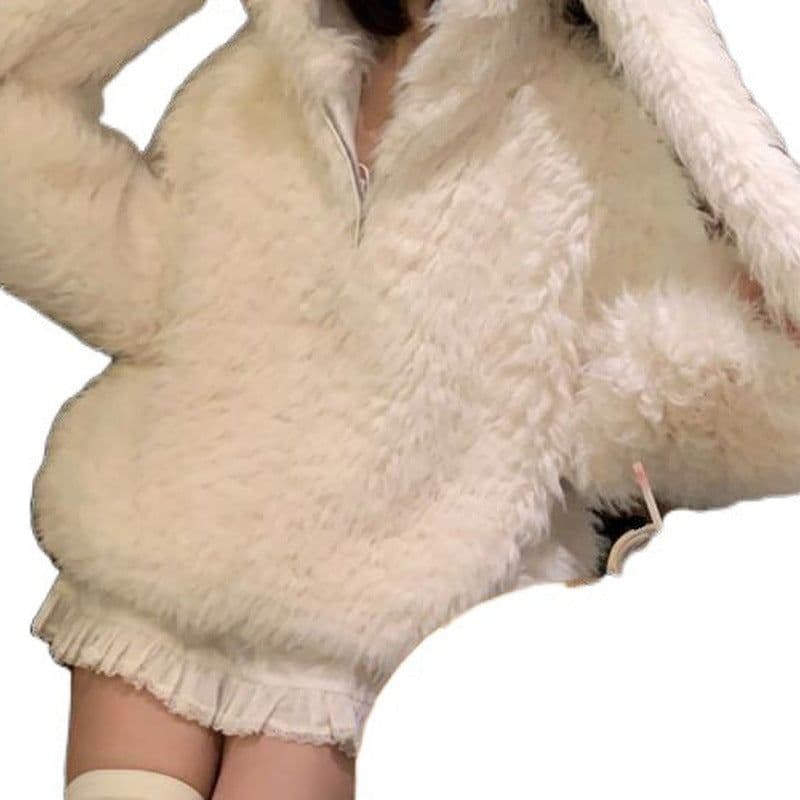 image-Women's Bunny Ears Hooded Velvet Jacket - Loose Fit