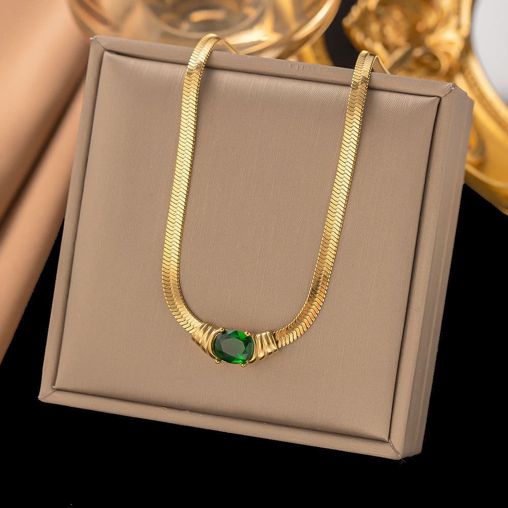image-Titanium Steel Snake Chain Necklace - Gold Emerald