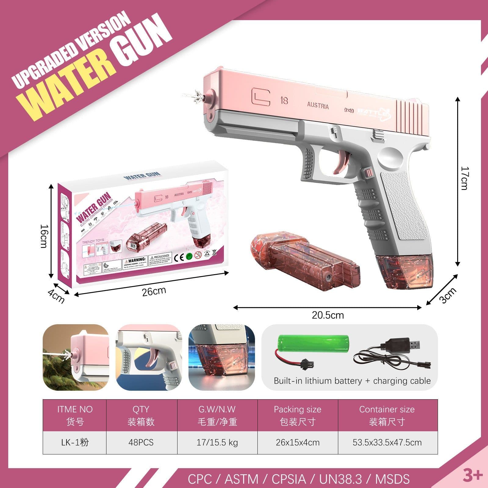 image-Starlight Glock Electric Water Gun - Pink 20.5cm