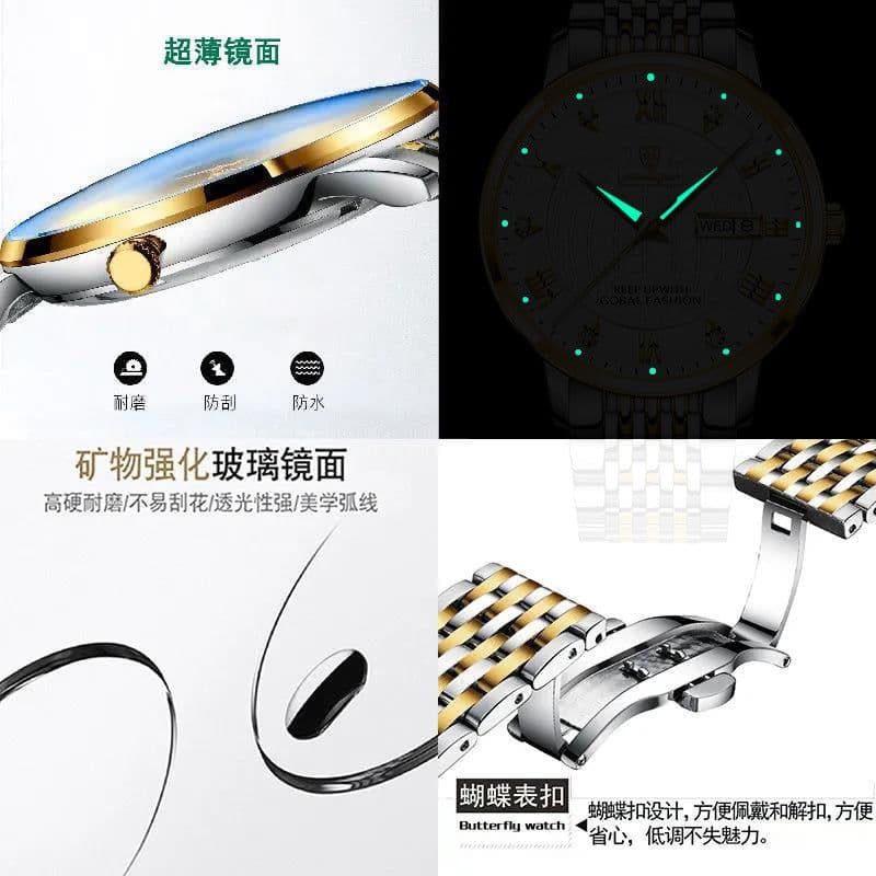 image-Poedagar Swiss Quartz 41.5mm Men's Watch - Gold 30M Waterproof