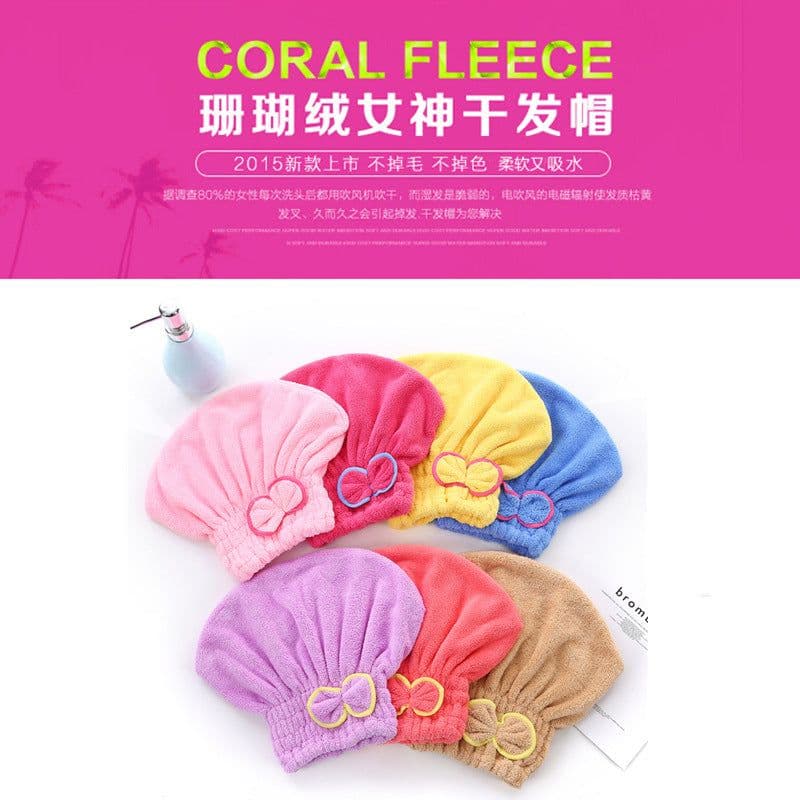 image-Coral Fleece Dry Hair Cap - Princess Bow Pink