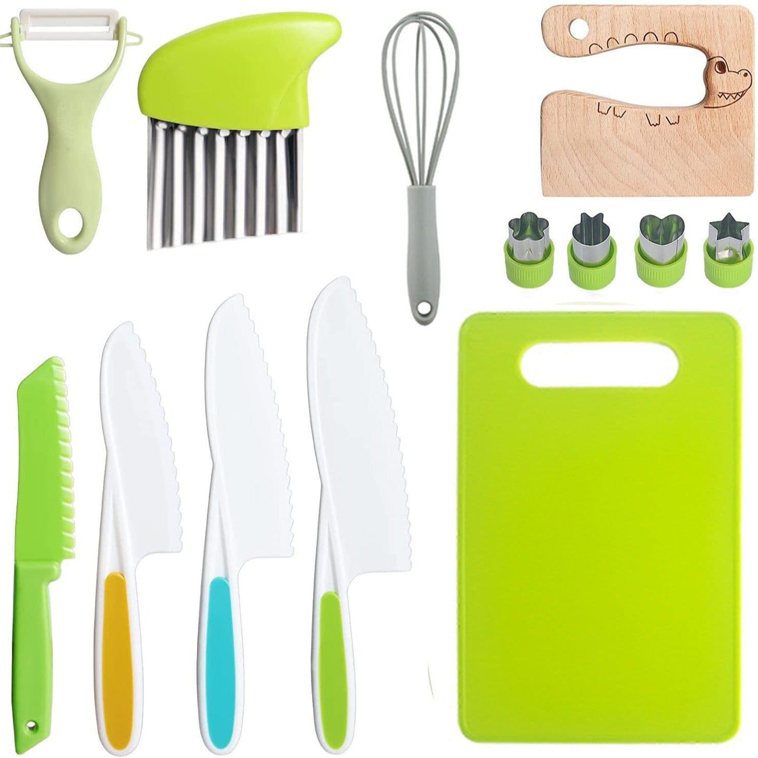 image-Children's Safety Knife Set - 3-Piece Plastic Fruit Kit, Wooden Chopping Board