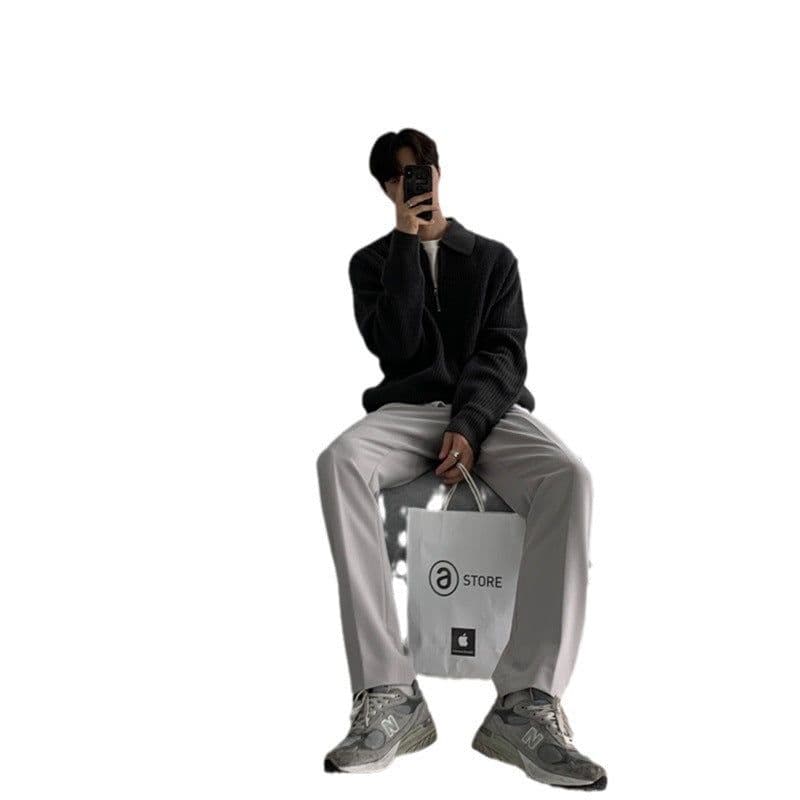image-Men's Japanese Retro-Style Half-Zip Sweater - Casual Autumn/Winter