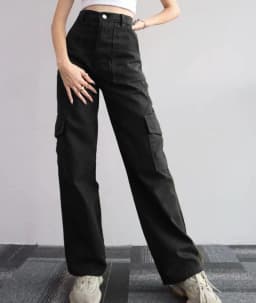 image-Women's Cargo Pants - Khaki Mid-Rise Straight Leg Cotton