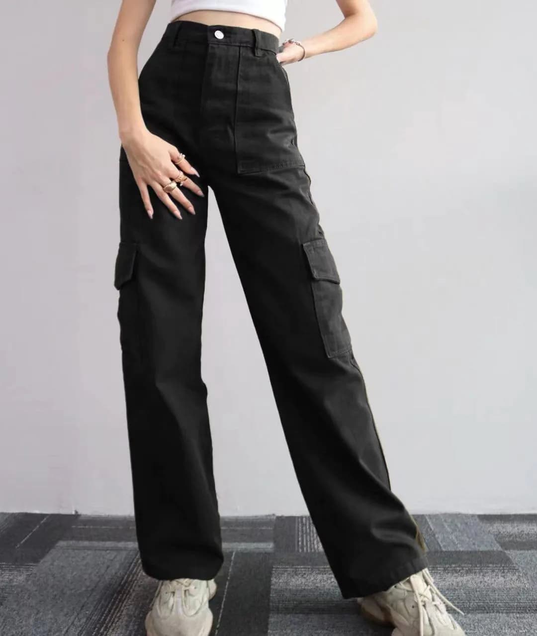 image-Women's Cargo Pants - Khaki Mid-Rise Straight Leg Cotton