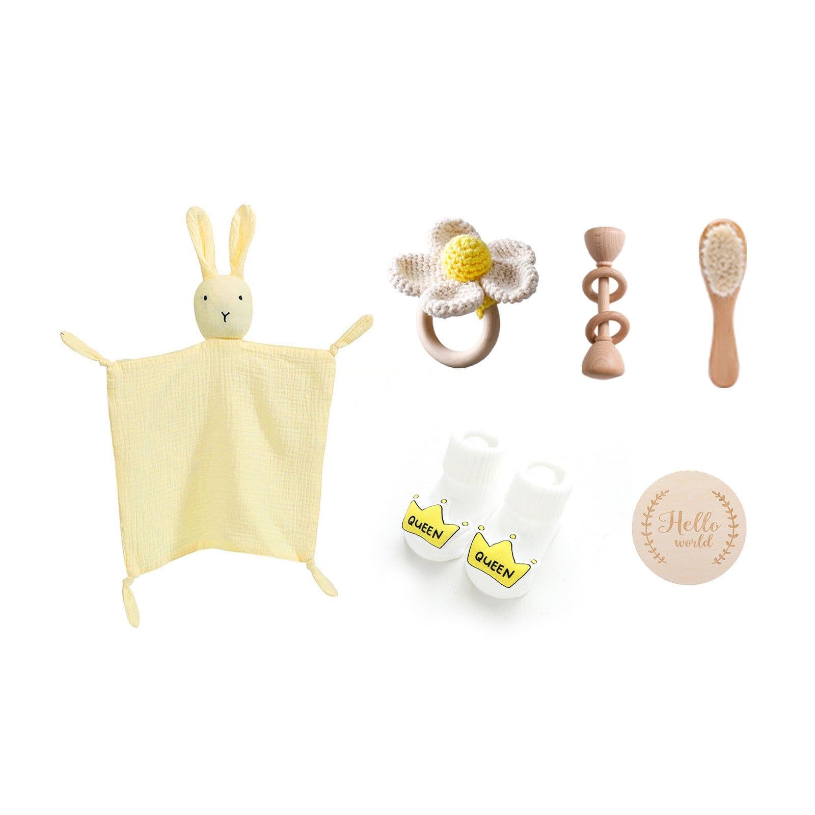 image-Newborn Infant Bath Towel Rattle Gift Set - Wooden Crochet Rattle