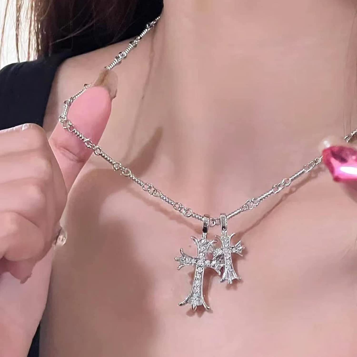 image-Crowe Necklace Cross Diamond Double Cross Pendant Gold-plated Men and Women Couple Necklace Sydney Same Style Jewelry