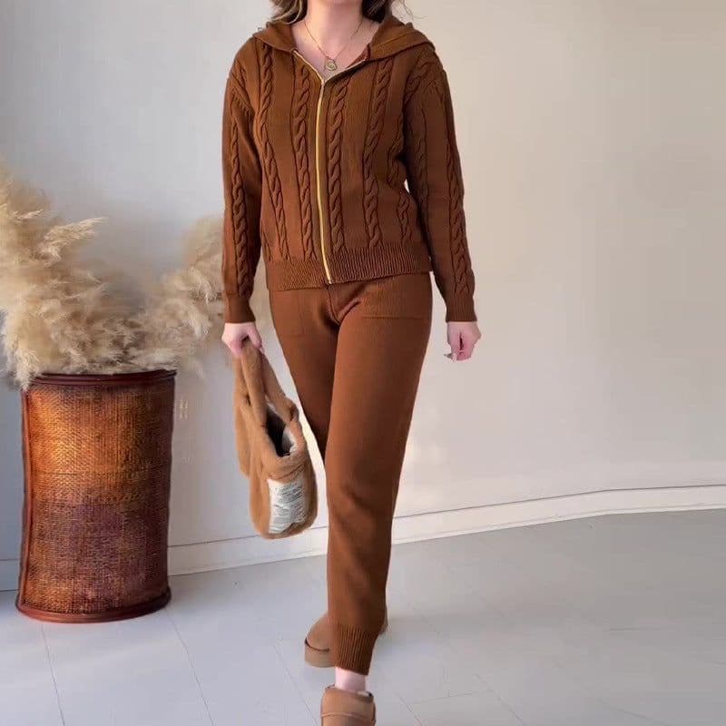 image-Women's Hooded Zipper Tracksuit - Dark Brown Twist Pattern