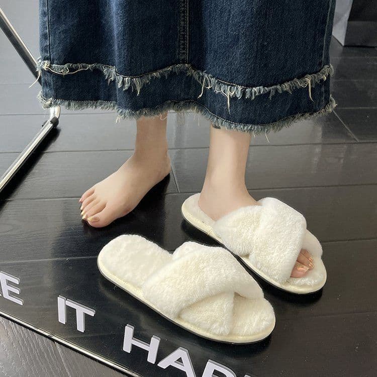 image-Women's Fur Slippers - Black Plush Open Toe
