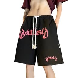 image-Men's Lace-Up Shorts - Black Polyester Loose Fit