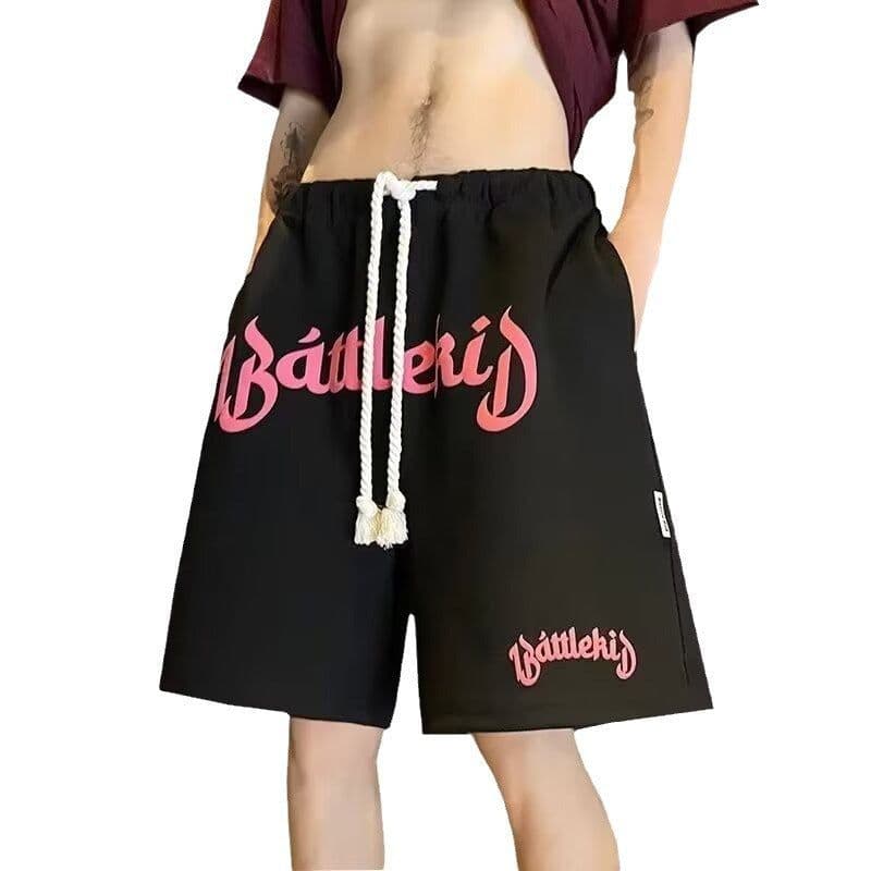 image-Men's Lace-Up Shorts - Black Polyester Loose Fit