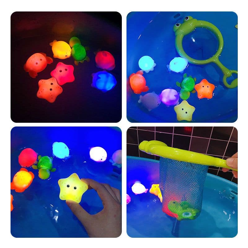 image-Cross-border induction light-emitting animal floating water light net fishing fish play water toy children's baby bath vinyl toy