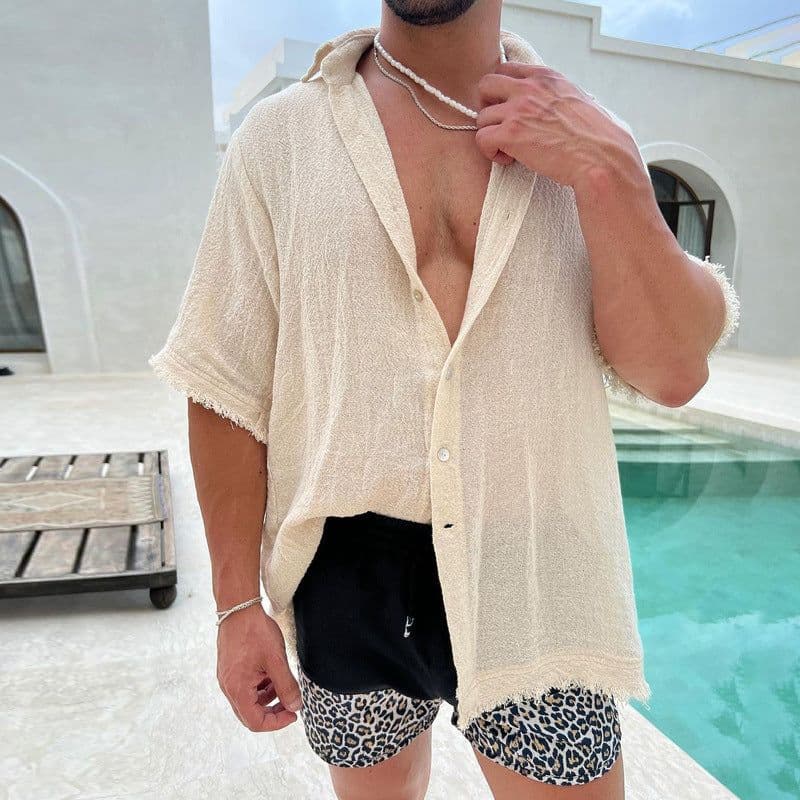 image-Men's Cotton Linen Shirt Short Sleeve Cardigan Khaki XXXL