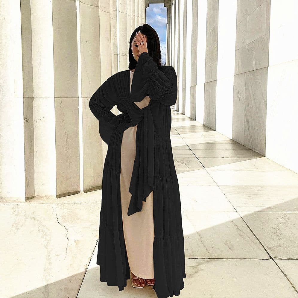 image-Loriya Belted Puff Sleeve Cardigan - Black Long Pleated