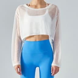 image-Yoga blouse women's loose fitness top light jacket light and breathable mesh yarn round neck spring and summer long-sleeved yoga clothing