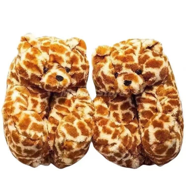 image-Cartoon Bear Plush Slippers - Large, South Korean Velvet, Dark Teddy Bear Shoes