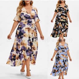 image-Women's Bohemian Print Midi Dress - Large V-Neck