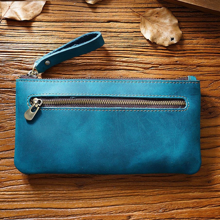 image-Retro Crazy Horse Leather Zipper Pen Bag Large Capacity Portable --- (57 characters)