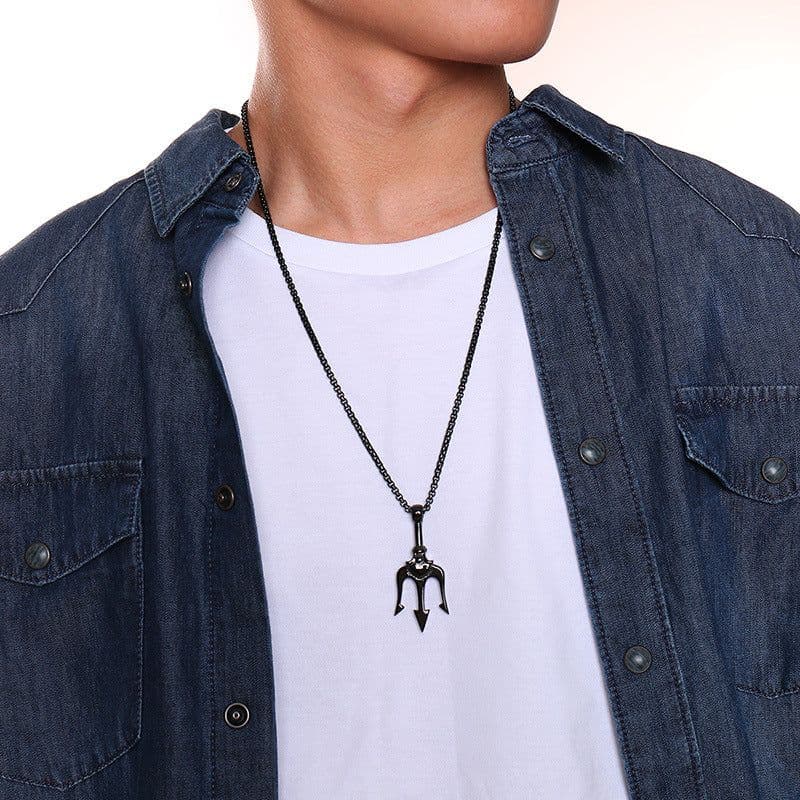 image-Stainless Steel Trident Pendant Men's Necklace Gold 60cm Titanium Steel Jewelry
