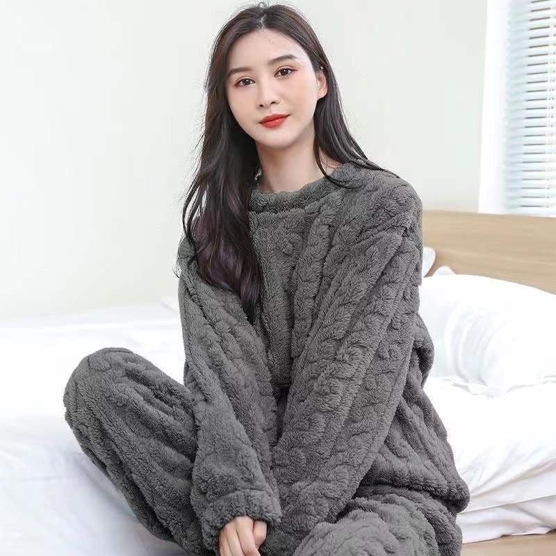 image-Women's Coral Fleece Pajama Set - Purple Thickened Winter