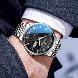image-POEDAGAR Men's Watch 42mm Waterproof Stainless Steel