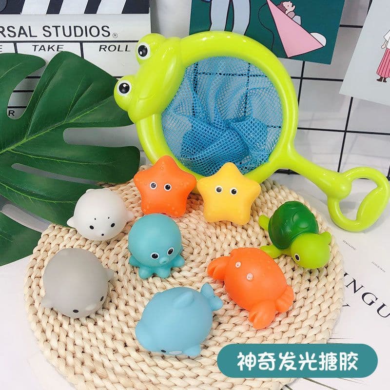image-Cross-border induction light-emitting animal floating water light net fishing fish play water toy children's baby bath vinyl toy