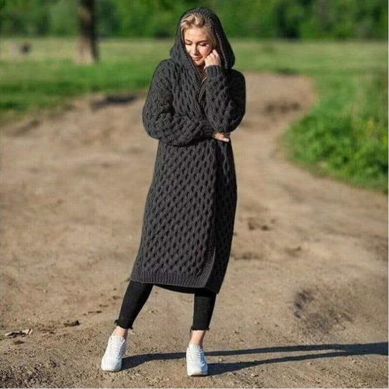 image-Womens Long Knitted Hooded Cardigan Coat