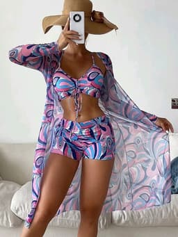 image-2023 New European and American foreign trade bikini swimsuit for women split three-piece drawstring high waist long-sleeved cover-up swimsuit