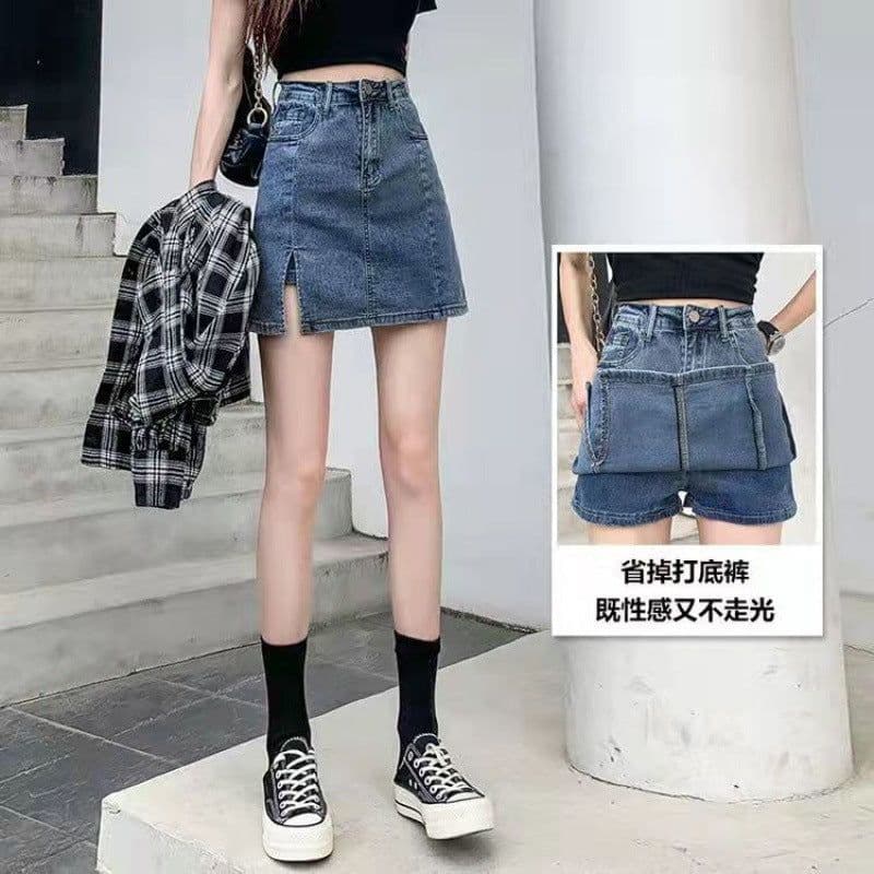 image-Denim Skirt Women High Waist A-Line Blue Short