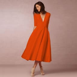 image-Women's Midi Dress - Rose Red V-Neck Swing Dress