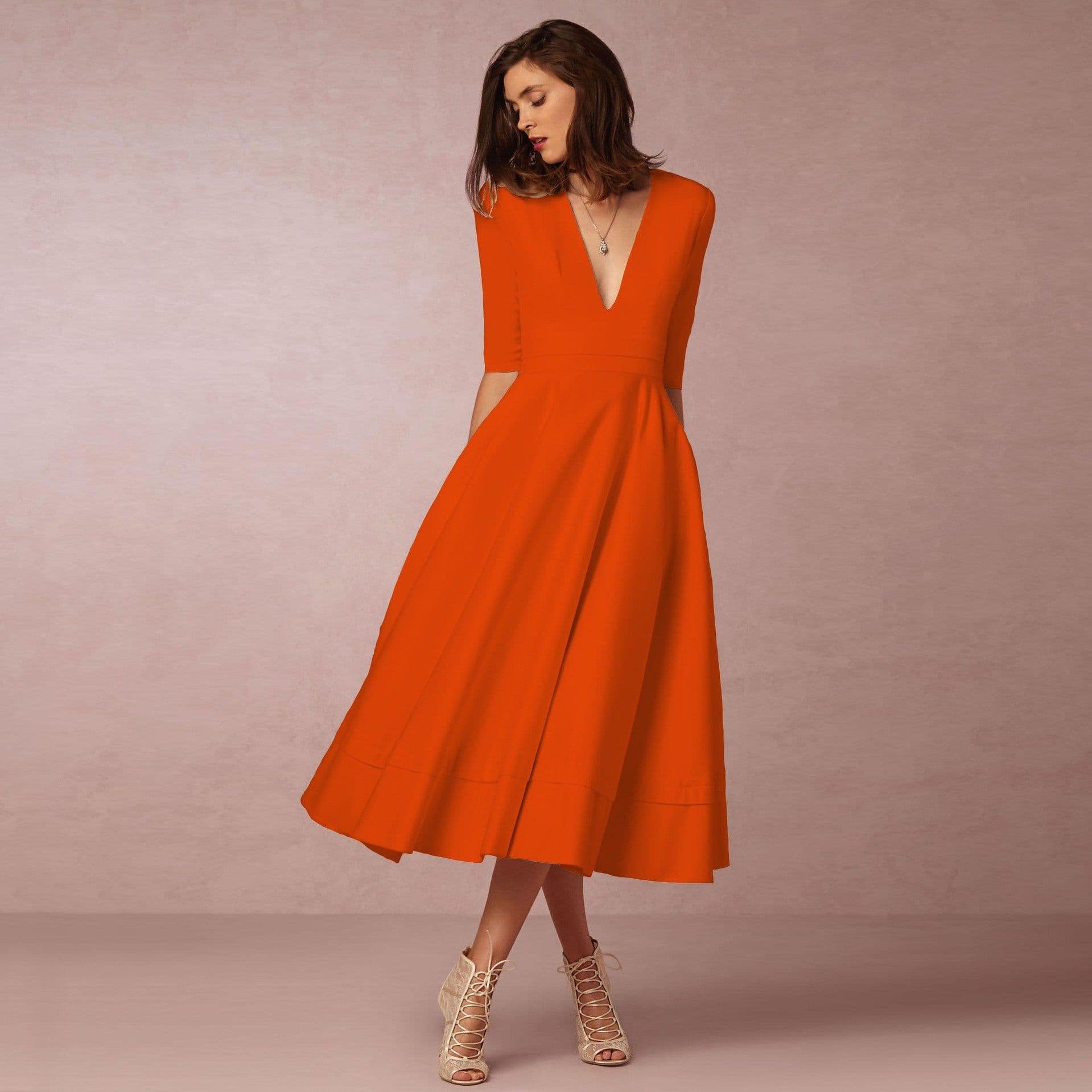 image-Women's Midi Dress - Rose Red V-Neck Swing Dress